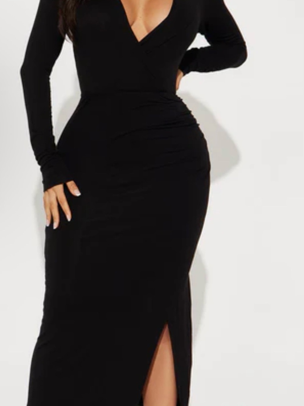 Almost Famous Black Long Sleeve V-Neck Maxi Dress with Side Slit